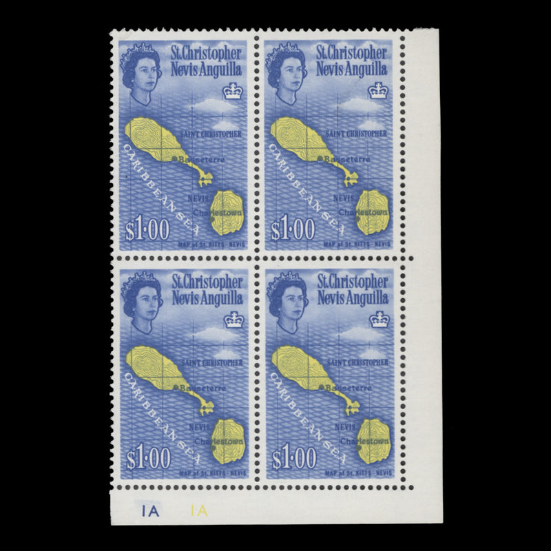 St Christopher Nevis Anguilla 1963 $1 (MNH) Map of St Kitts-Nevis plate block