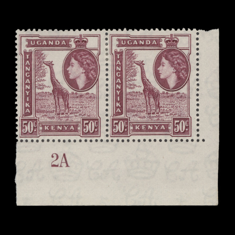 Kenya Uganda Tanganyika 1954 (MLH) 50c Giraffe plate 2A pair