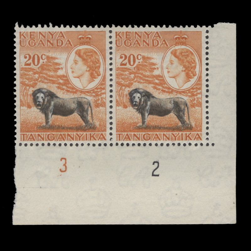 Kenya Uganda Tanganyika 1954 (MLH) 20c Lion plate 3–2 pair