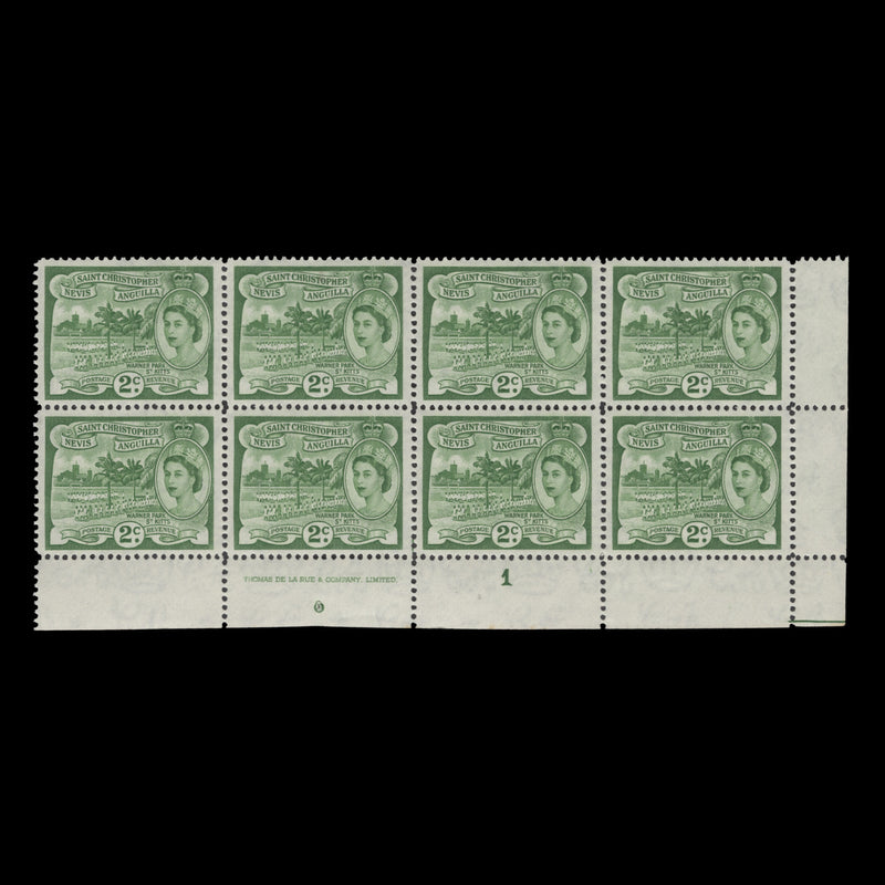 St Christopher Nevis Anguilla 1963 (MNH) 2c Warner Park plate 1 block, De La Rue