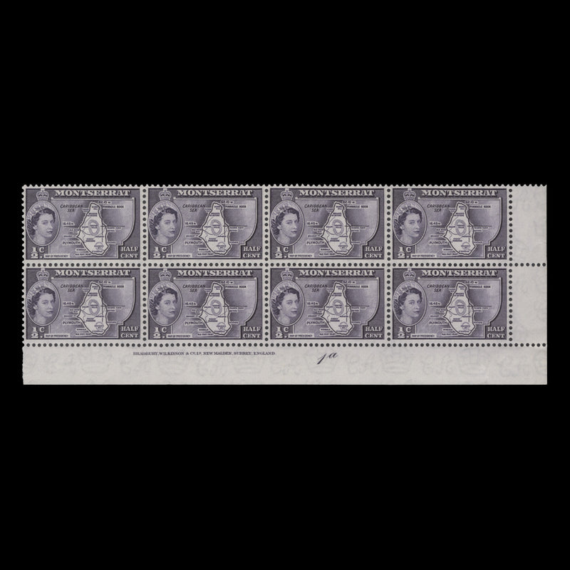 Montserrat 1956 (MNH) ½c Map of the Presidency imprint/plate 1a block