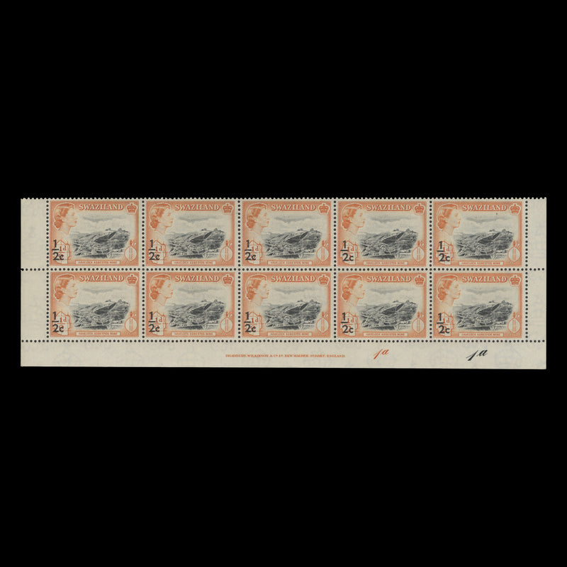 Swaziland 1961 (MNH) ½c Havelock Asbestos Mine imprint/plate 1a–1a block