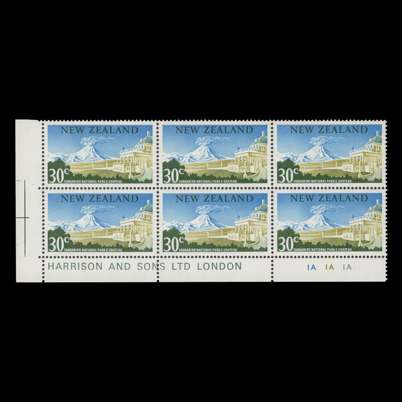 New Zealand 1969 (MNH) 30c Tongariro National Park imprint/plate block, PVA gum