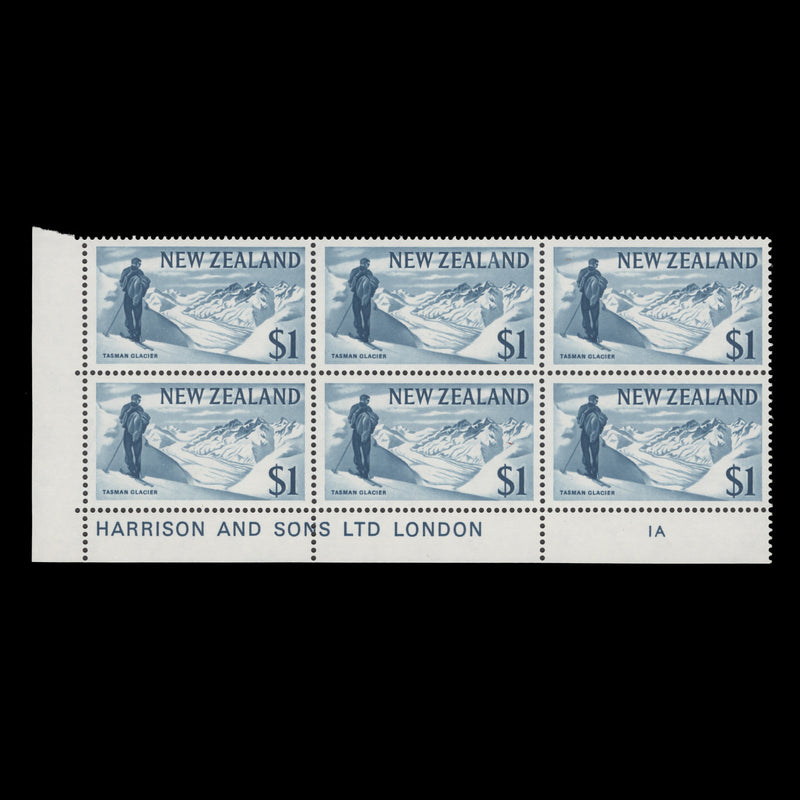 New Zealand 1967 (MNH) $1 Tasman Glacier imprint/plate block, gum arabic