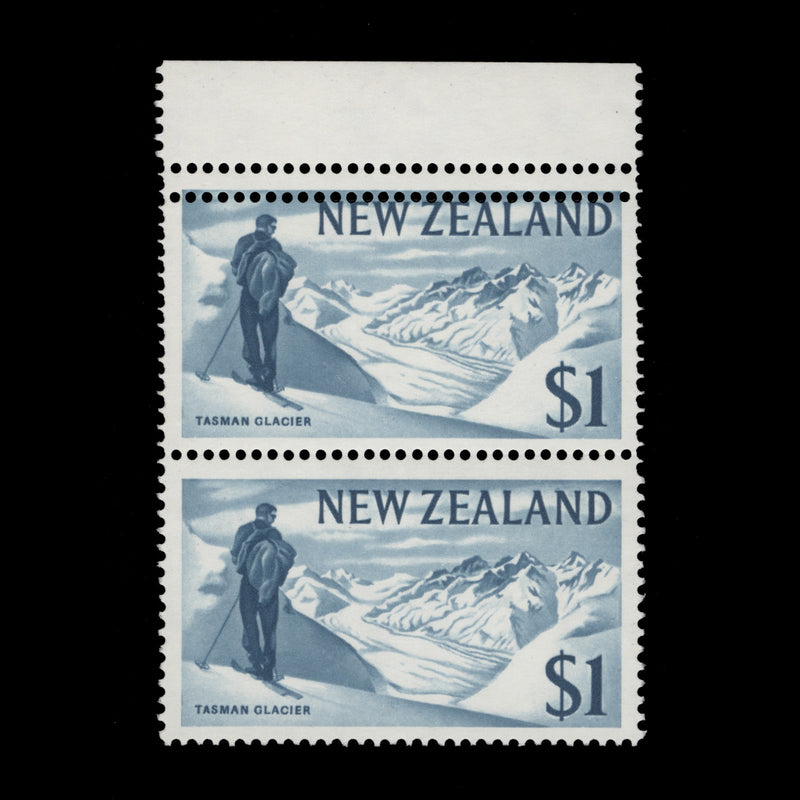 New Zealand 1967 (Variety) $1 Tasman Glacier pair with double perfs on top stamp