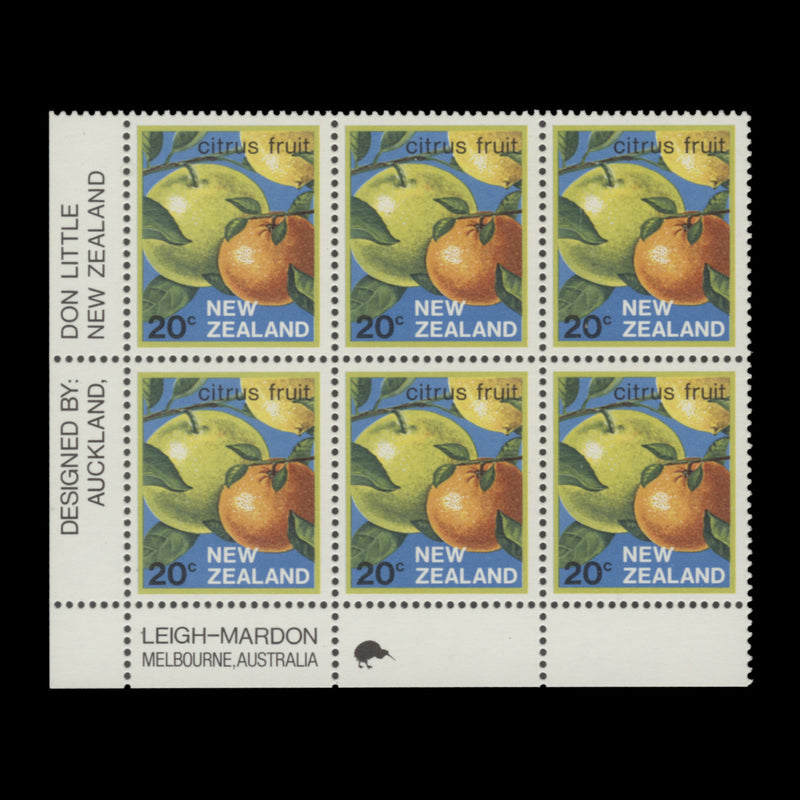 New Zealand 1987 (MNH) 20c Citrus Fruit imprint/reprint 1 block, cream paper