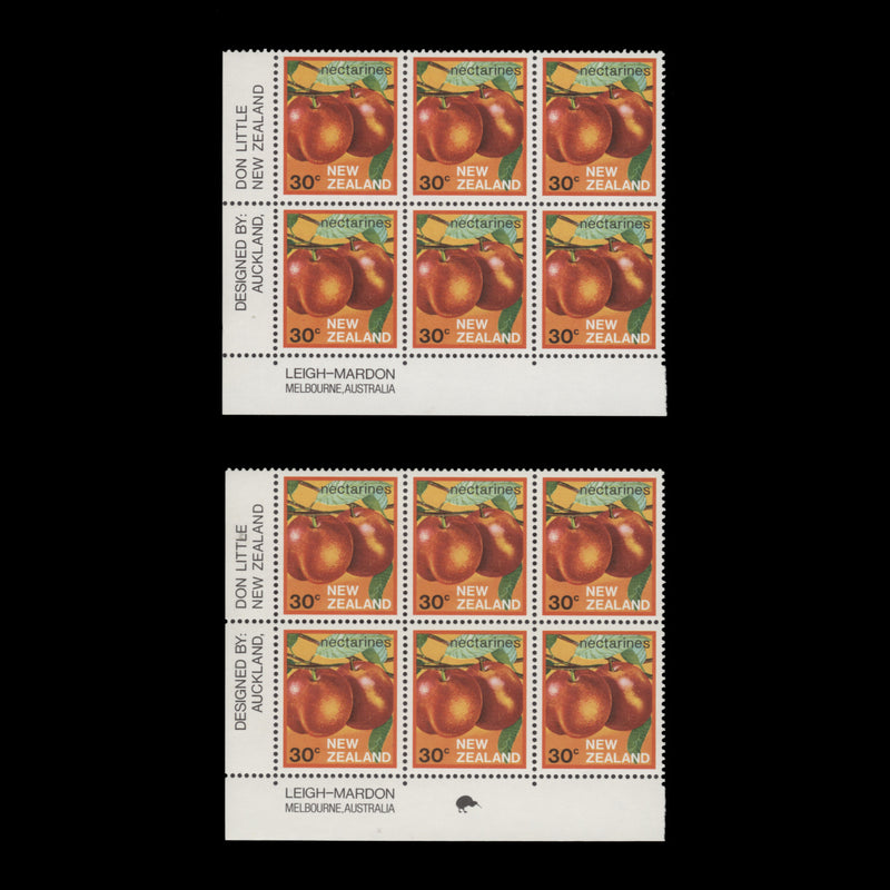 New Zealand 1983 (MNH) 30c Nectarines imprint/reprint blocks, white paper