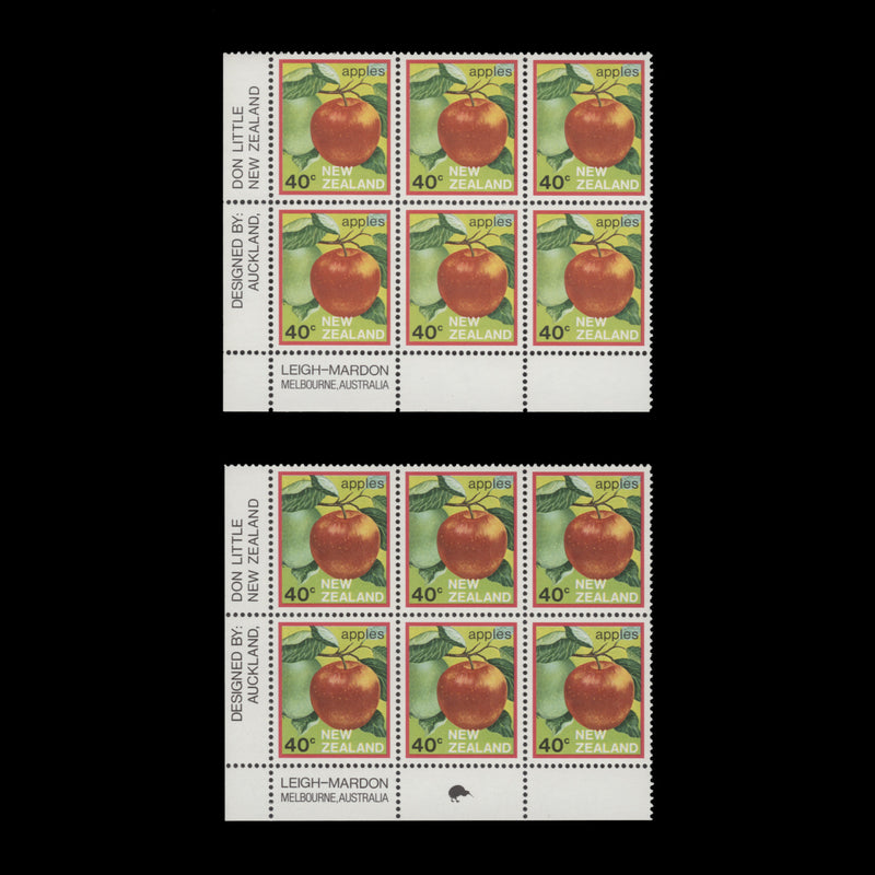 New Zealand 1983 (MNH) 40c Apples imprint/reprint blocks, white paper