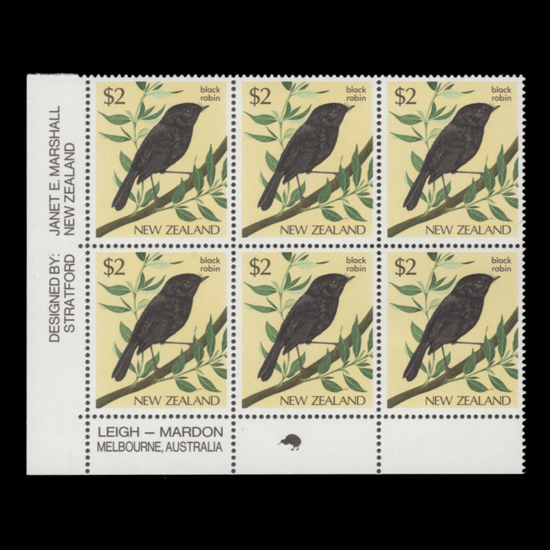 New Zealand 1985 (MNH) $2 Black Robin imprint/reprint 1 block, white paper