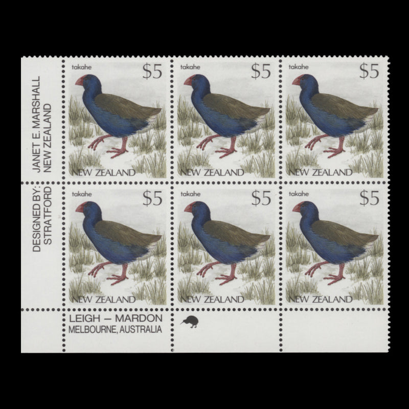 New Zealand 1988 (MNH) $5 Takahe imprint/reprint 1 block, white paper