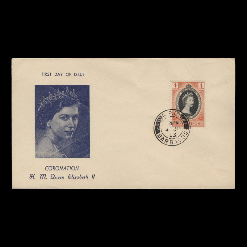 Barbados 1953 (FDC) 4c Coronation, GPO