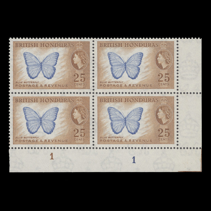 British Honduras 1953 (MNH) 25c Blue Butterfly plate 1–1 block, perf 13½ x 13½