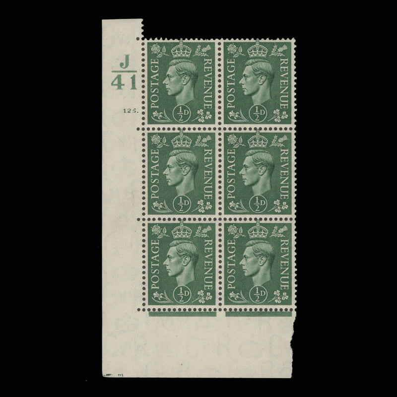 Great Britain 1941 (MNH) ½d Pale Green control J41, cylinder 125. block, perf E/I