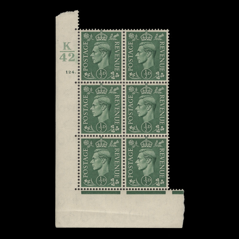 Great Britain 1941 (MNH) ½d Pale Green control K42, cylinder 124. block, perf E/I