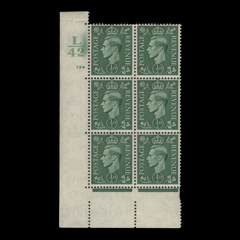 Great Britain 1941 (MNH) ½d Pale Green control L42, cylinder 124 block, perf E/I