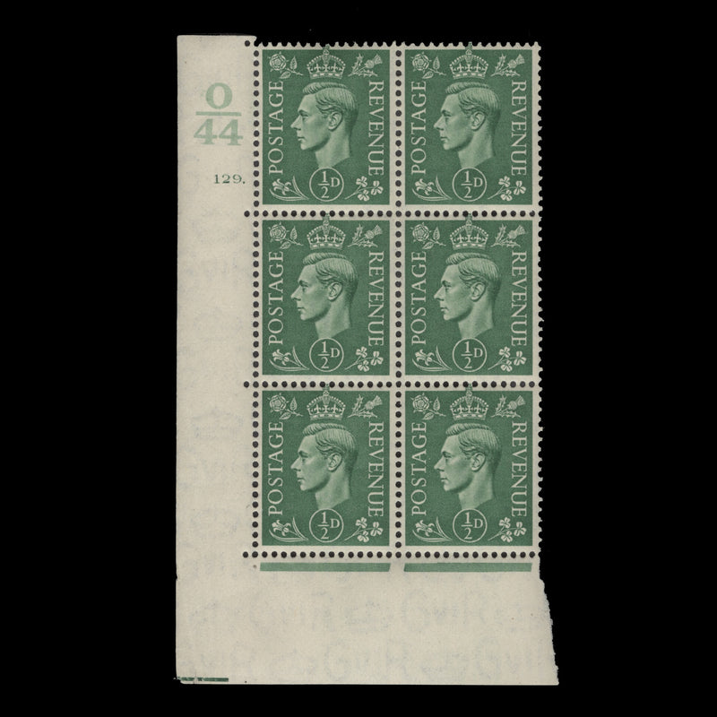 Great Britain 1941 (MNH) ½d Pale Green control O44, cylinder 129. block, perf E/I