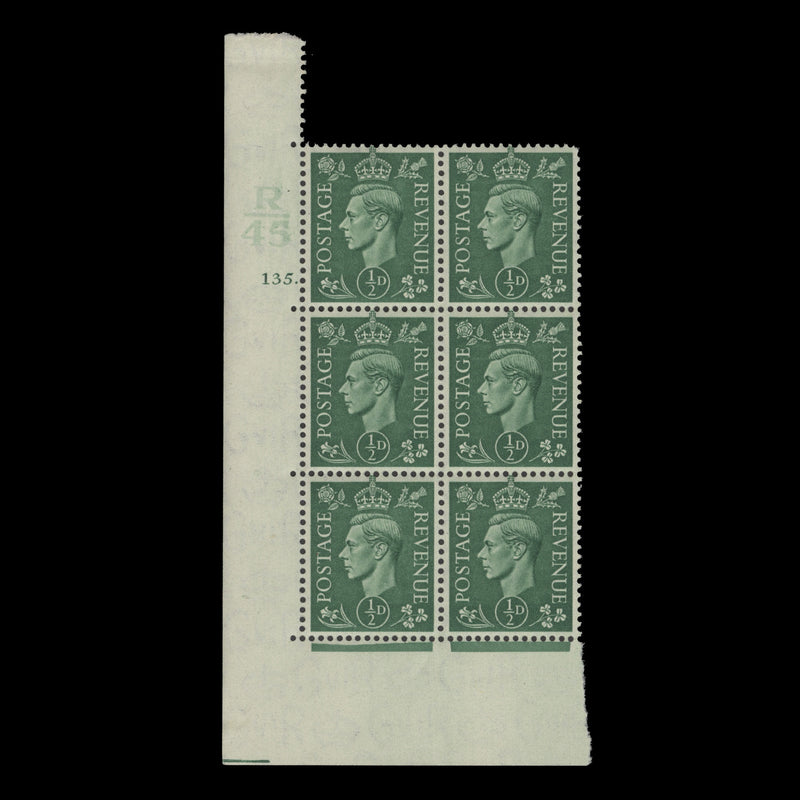 Great Britain 1941 (MNH) ½d Pale Green control R45, cylinder 135. block, perf E/I