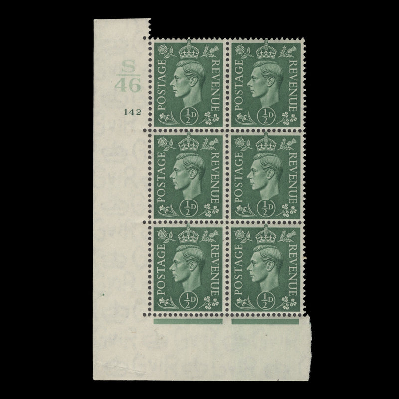 Great Britain 1941 (MNH) ½d Pale Green control S46, cylinder 142 block, perf E/I