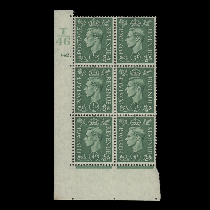 Great Britain 1941 (MNH) ½d Pale Green control T46, cylinder 142. block, perf E/I