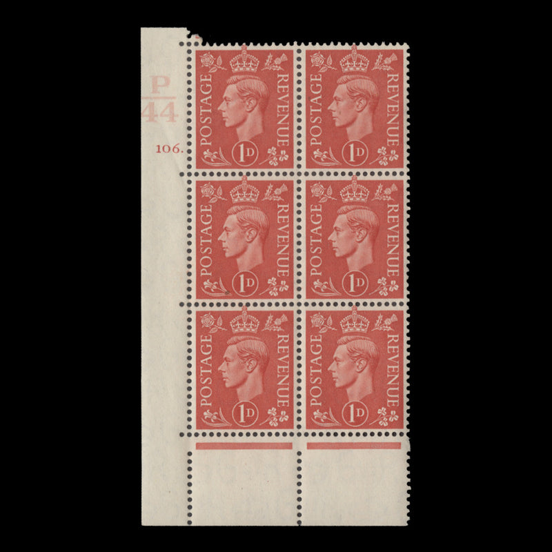 Great Britain 1941 (MNH) 1d Pale Scarlet control P44, cylinder 106. block, perf E/I