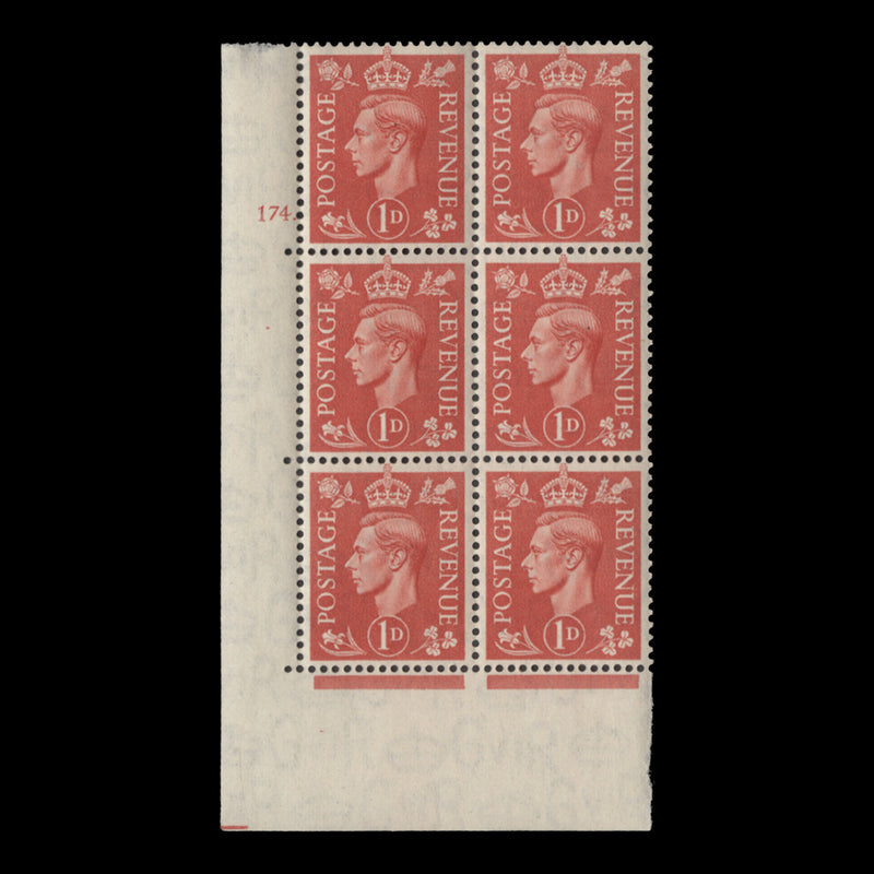 Great Britain 1941 (MNH) 1d Pale Scarlet no control, cylinder 174. block, perf E/I