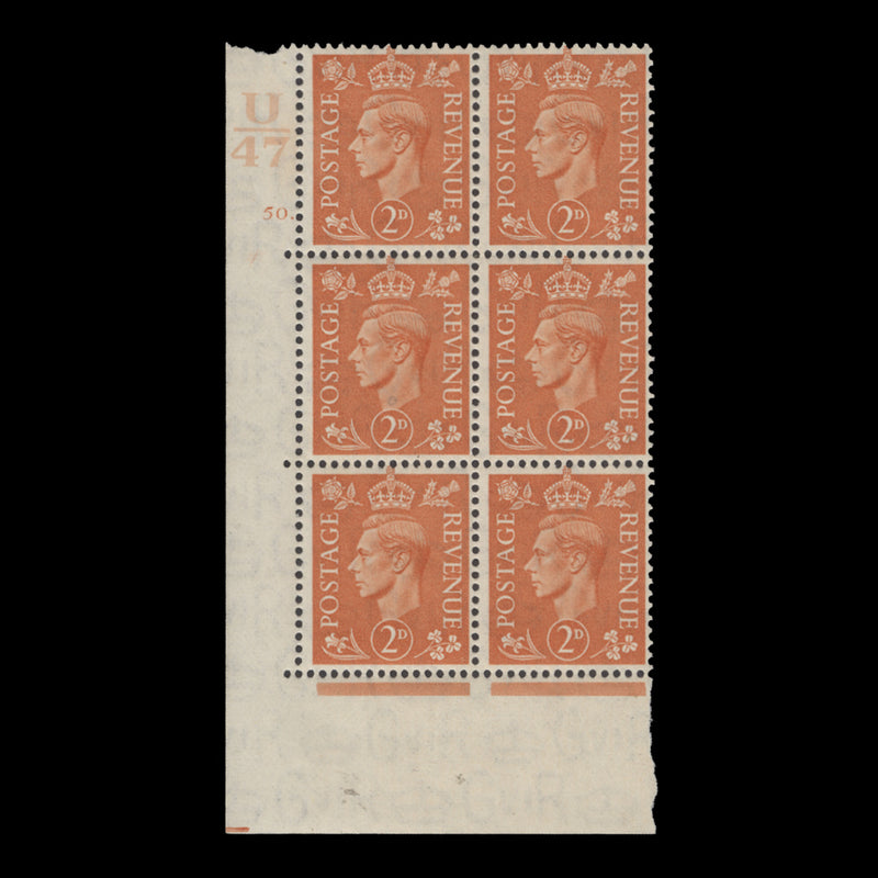 Great Britain 1941 (MNH) 2d Pale Orange control U47, cylinder 50. block, perf E/I