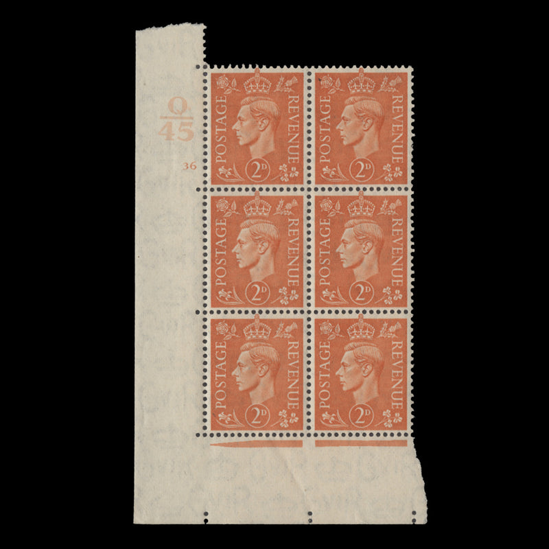 Great Britain 1941 (MNH) 2d Pale Orange control Q45, cylinder 36 block, perf E/I