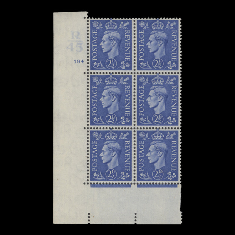 Great Britain 1941 (MNH) 2½d Light Ultramarine control R45, cylinder 194 block, perf E/I