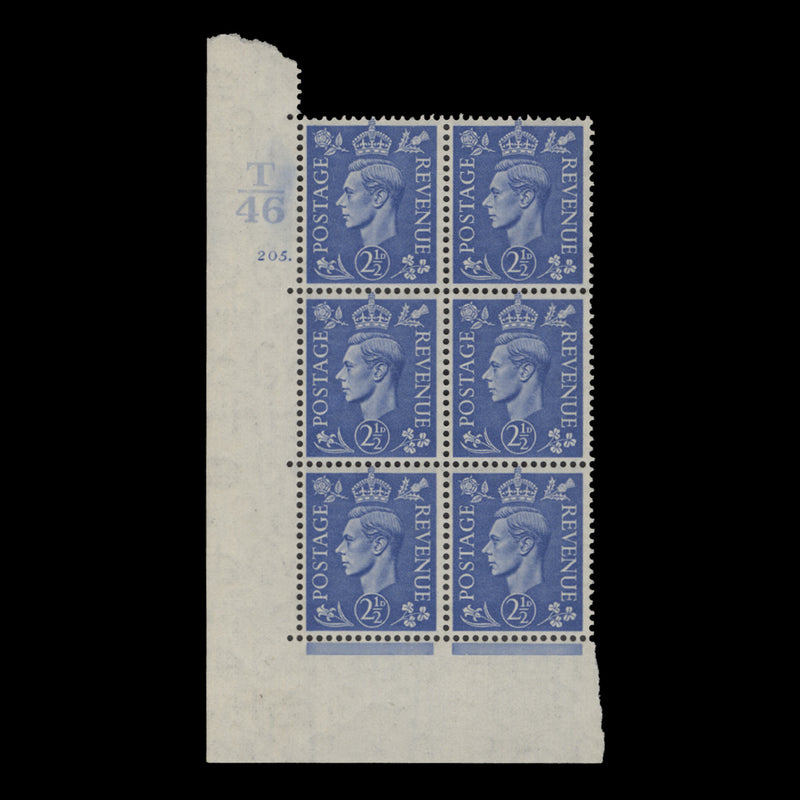 Great Britain 1941 (MNH) 2½d Light Ultramarine control T46, cylinder 205. block, perf E/I