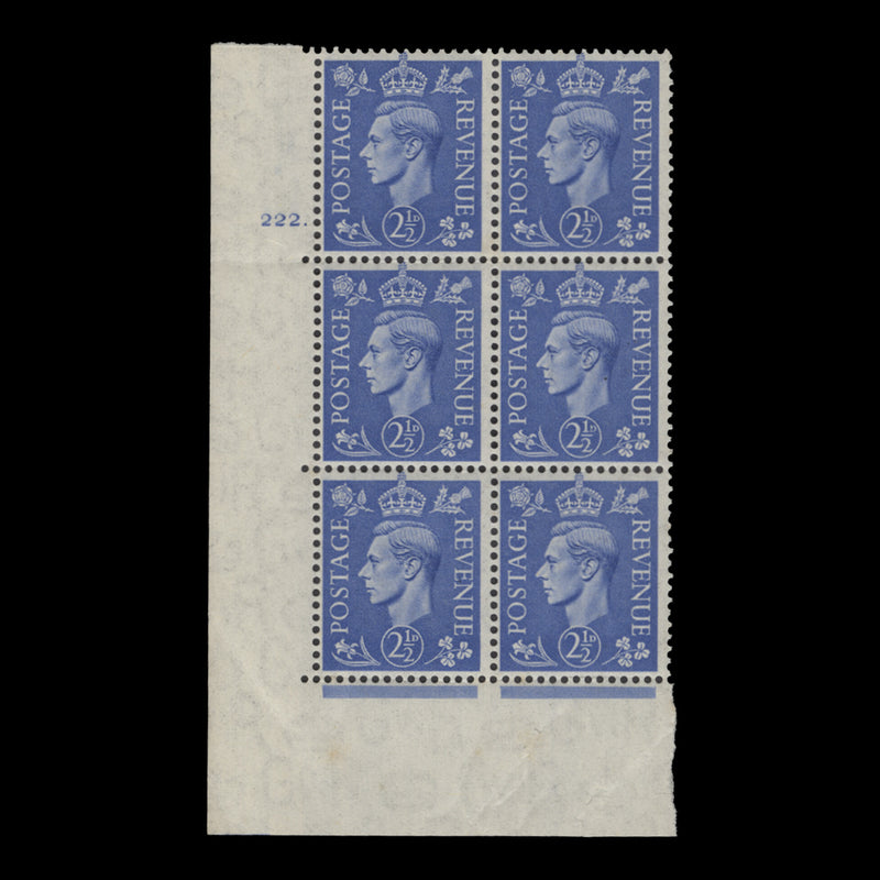 Great Britain 1941 (MNH) 2½d Light Ultramarine no control, cylinder 222. block, perf E/I