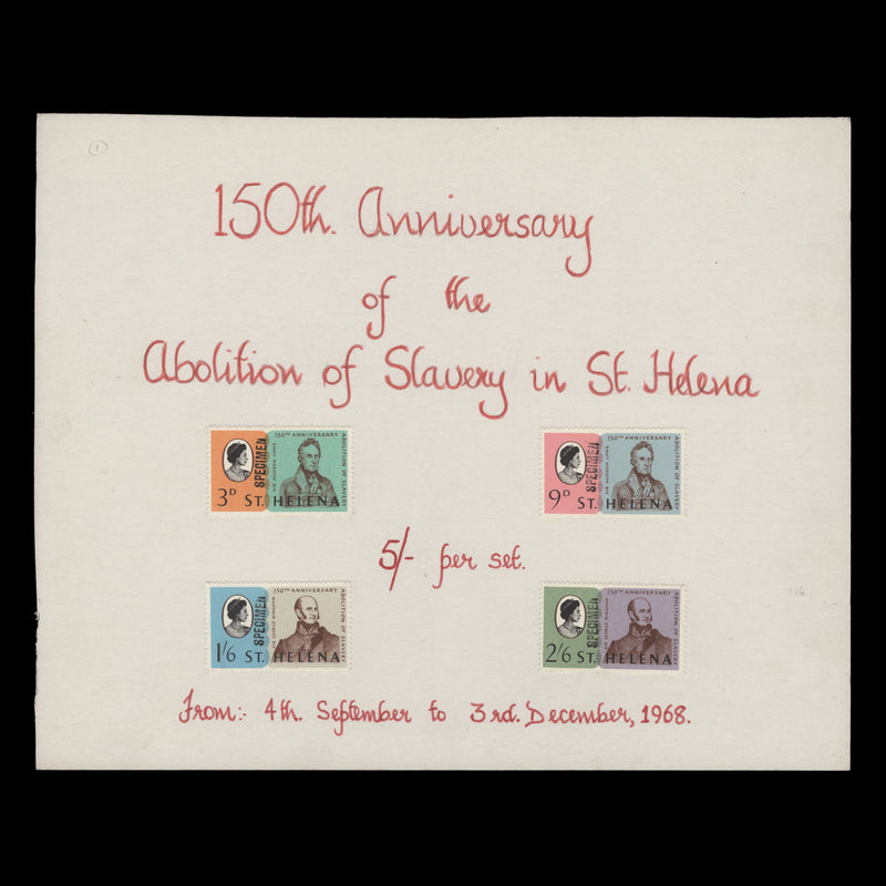 Saint Helena 1968 Abolition of Slavery display set with SPECIMEN overprint