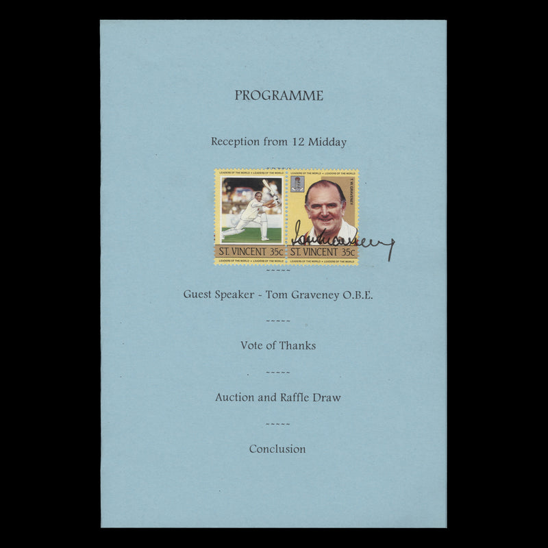 Saint Vincent 1985 35c Tom Graveney pair on charity menu signed by the cricketer