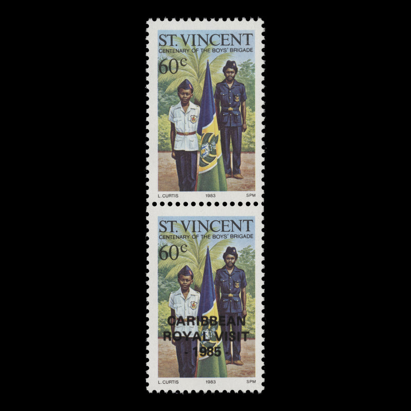 Saint Vincent 1985 (Variety) 60c Royal Visit pair with one stamp missing overprint