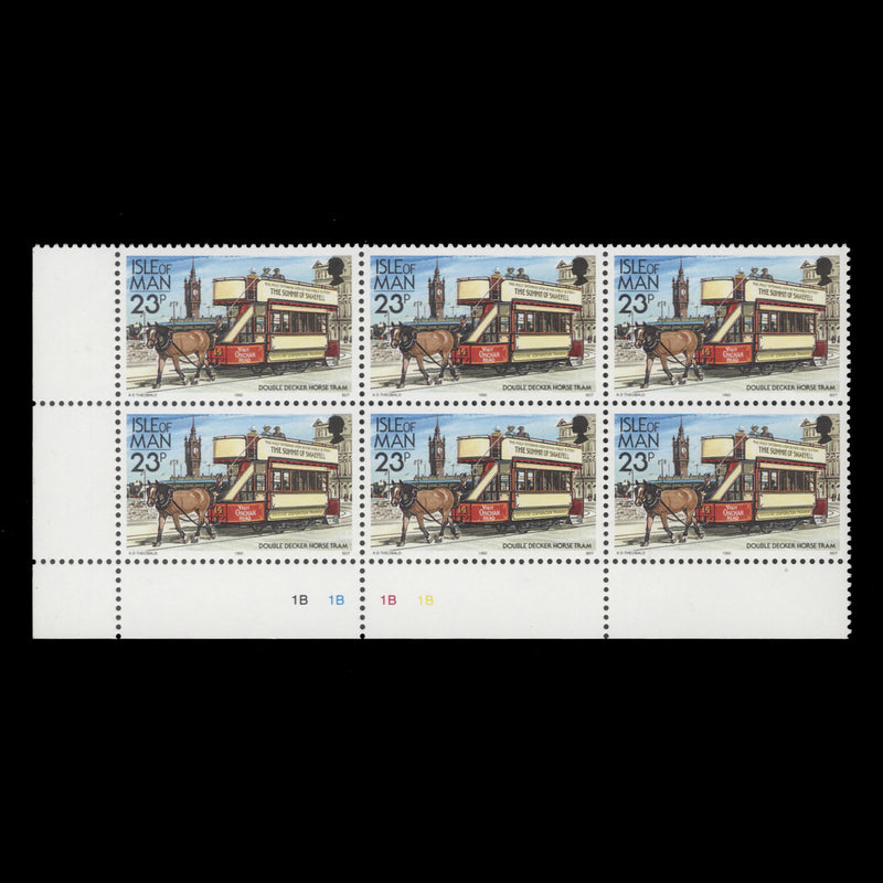 Isle of Man 1992 (MNH) 23p Double Decker Horse Tram plate 1B block, '1992' imprint