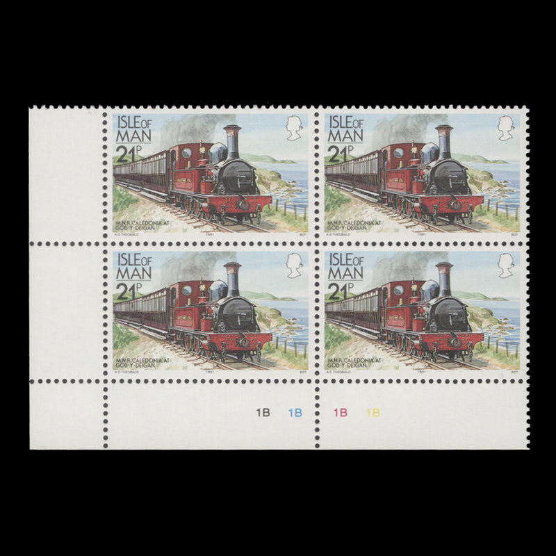 Isle of Man 1991 (MNH) 21p MNR Caledonia plate 1B block, '1991' imprint