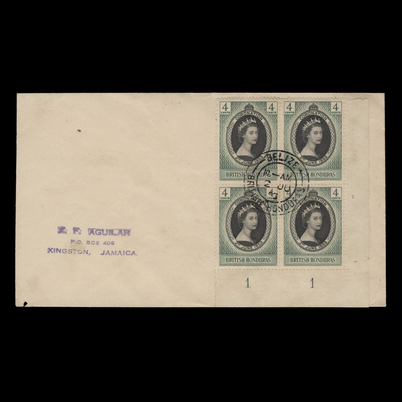 British Honduras 1953 (FDC) 4c Coronation plate 1–1 block, BELIZE