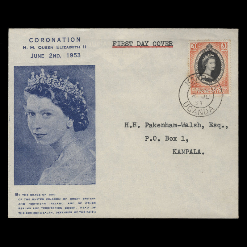 Kenya Uganda Tanganyika 1953 (FDC) 20c Coronation, KAMPALA