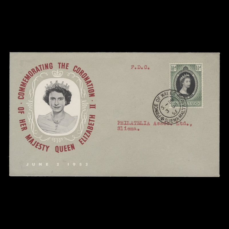 Malta 1953 (FDC) 1½d Coronation, PRINCE OF WALES RD