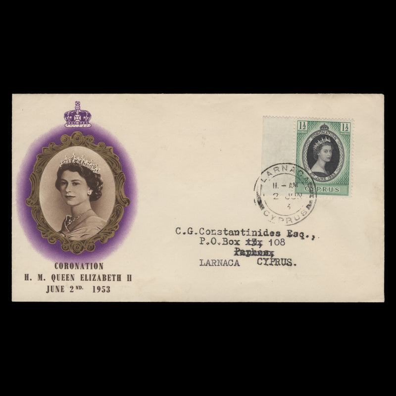 Cyprus 1953 (FDC) 1½p Coronation, LARNACA