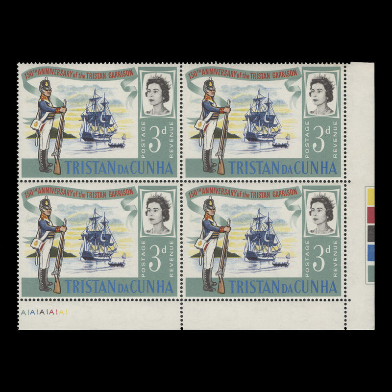 Tristan da Cunha 1966 (Variety) 3d Tristan Garrison plate block with watermark to right