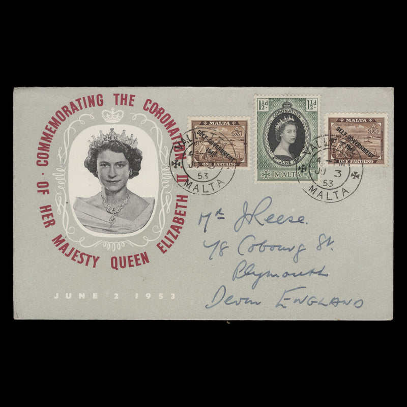 Malta 1953 (FDC) 1½d Coronation, VALLETTA