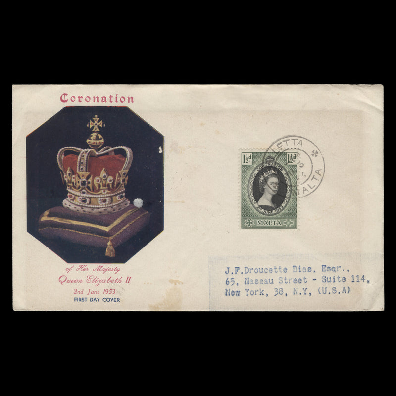 Malta 1953 (FDC) 1½d Coronation, VALLETTA