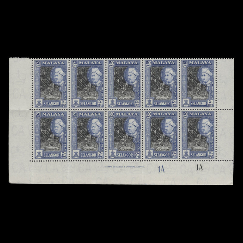 Selangor 1960 (MNH) 50c Aborigines with Blowpipes plate 1A–1A block