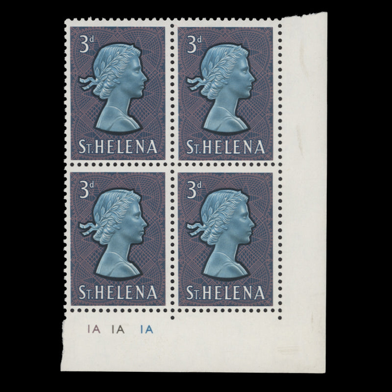 Saint Helena 1965 (MNH) 3d Queen Elizabeth II plate block, chalky paper