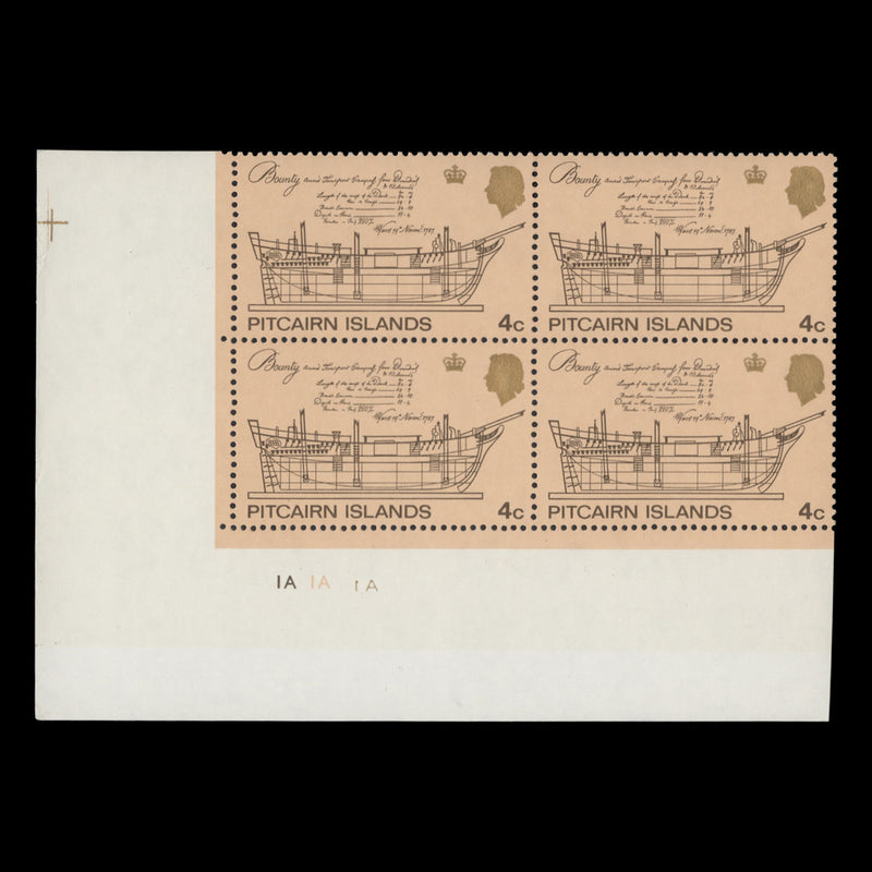 Pitcairn Islands 1969 (MNH) 4c Bounty Plans plate 1A–1A–1A–1A block