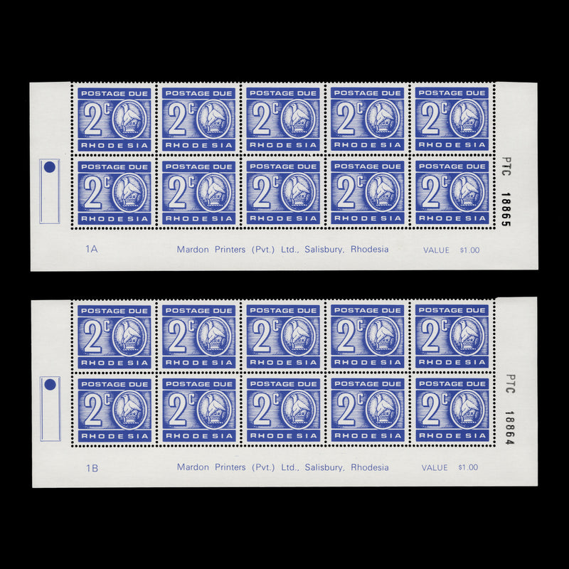 Rhodesia 1976 (MNH) 2c Postage Due imprint/plate blocks, white gum