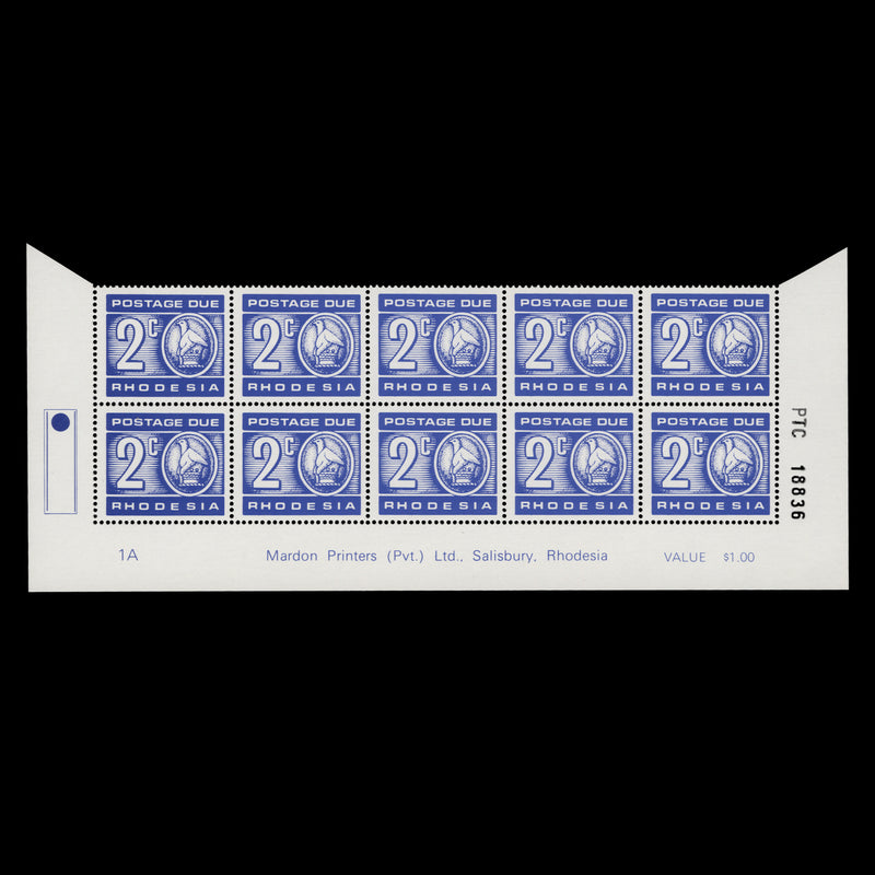 Rhodesia 1976 (MNH) 2c Postage Due imprint/plate 1A block, white gum