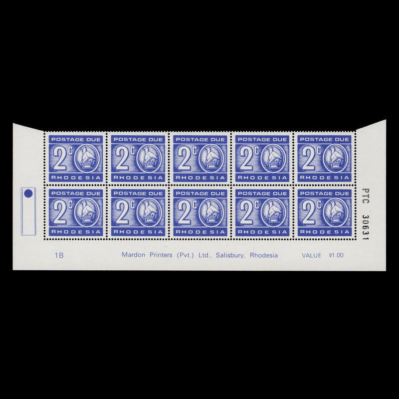 Rhodesia 1979 (MNH) 2c Postage Due imprint/plate 1B block, white gum