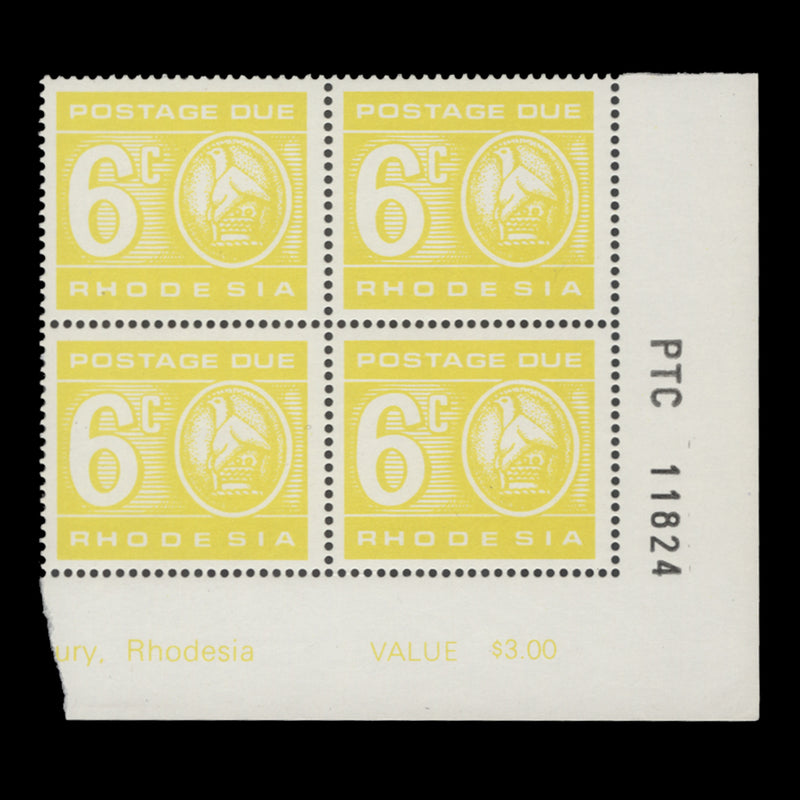 Rhodesia 1976 (MNH) 6c Postage Due value block, white gum