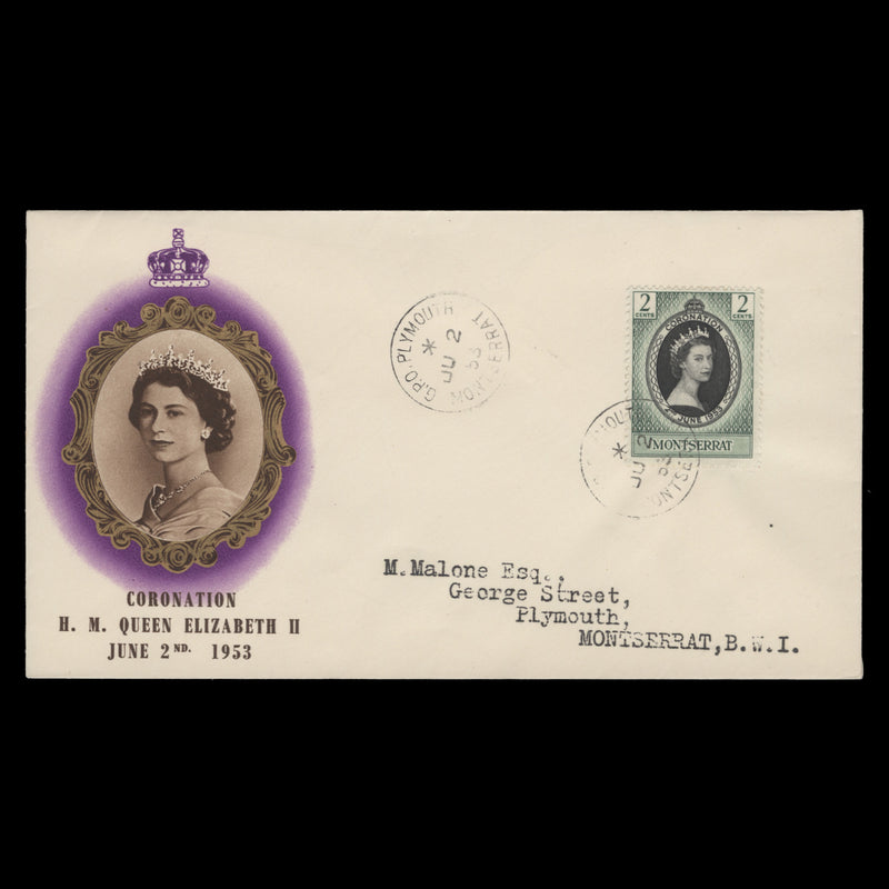 Montserrat 1953 (FDC) 2c Coronation, PLYMOUTH